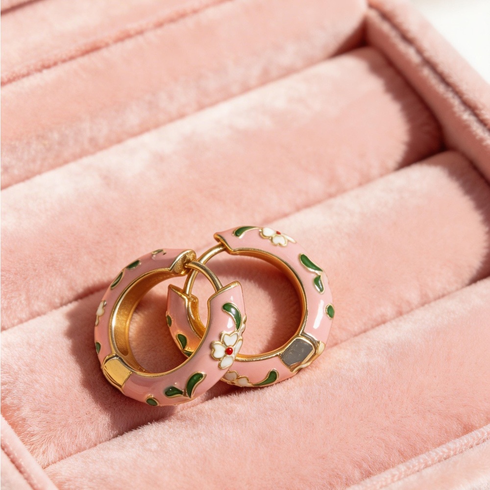 Floral Pink and Gold Hoop Earrings